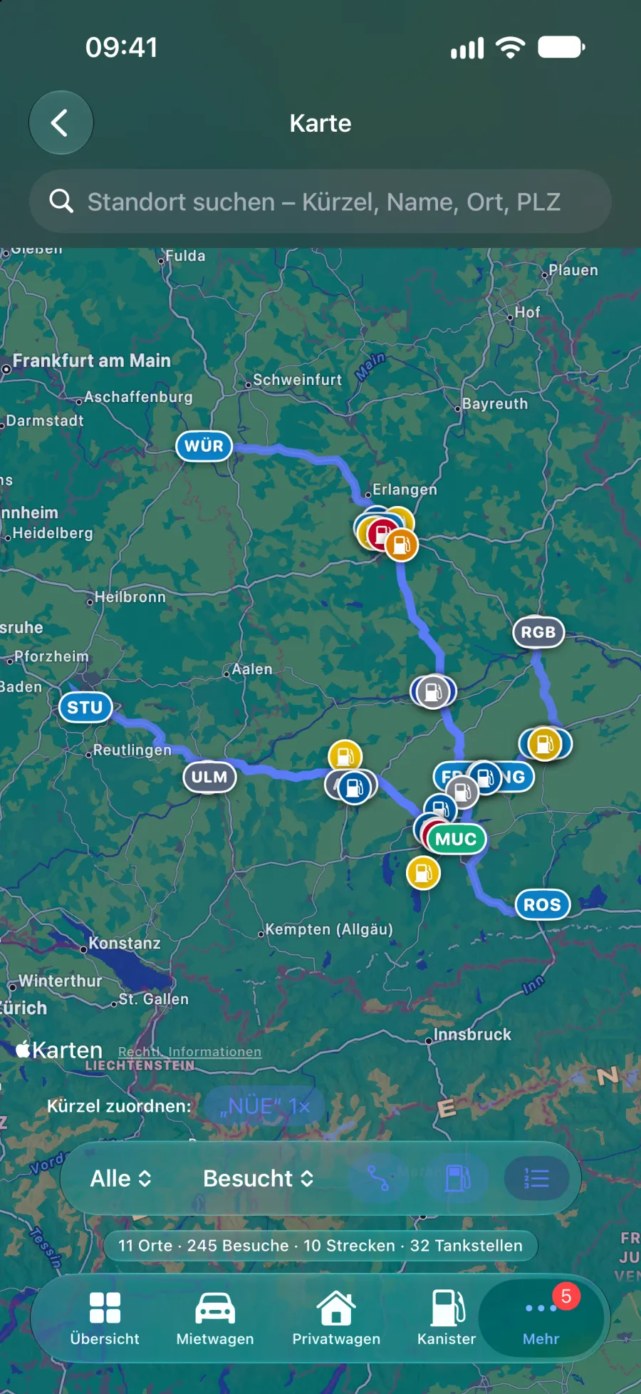 Karte mit gefahrenen Routen, Orten und Tankstellen